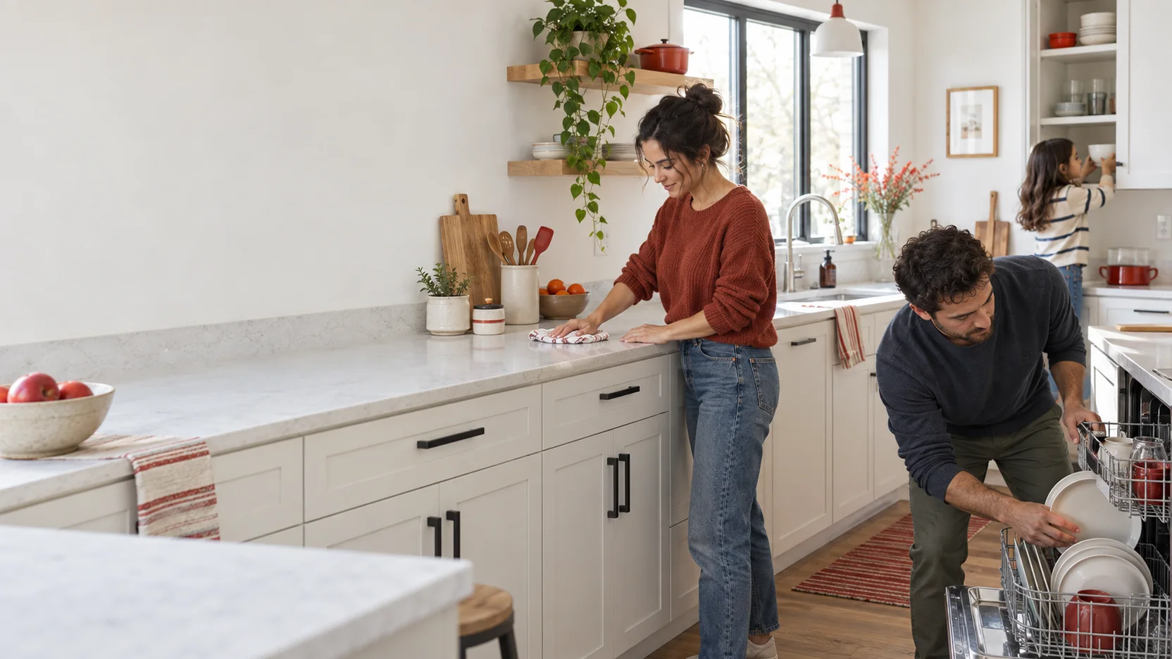 A household sharing the kitchen cleanup.