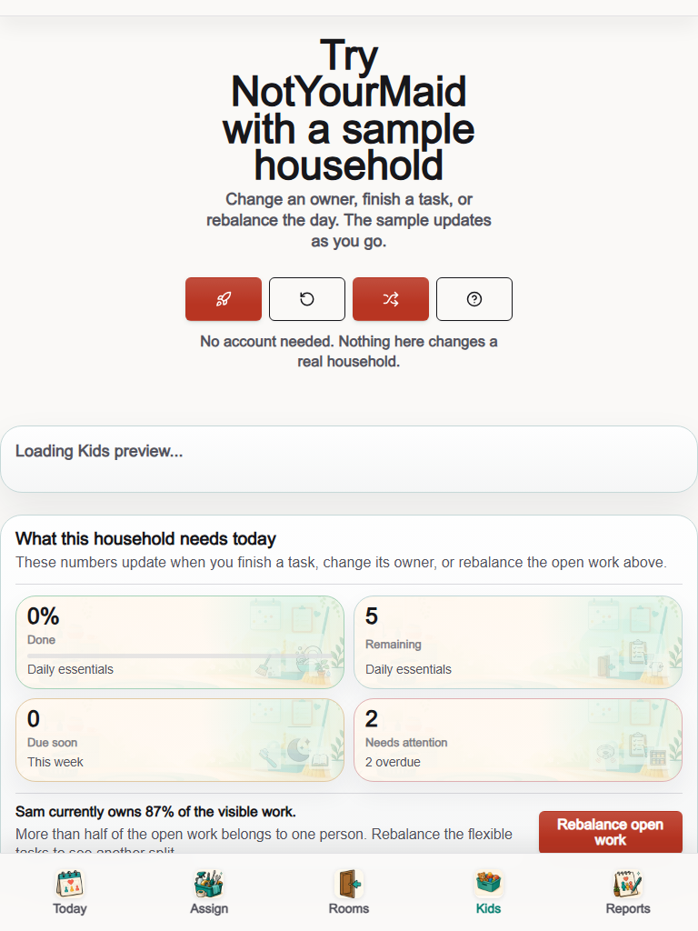 NotYourMaid Kids page on a tablet showing a child's simplified chore list.