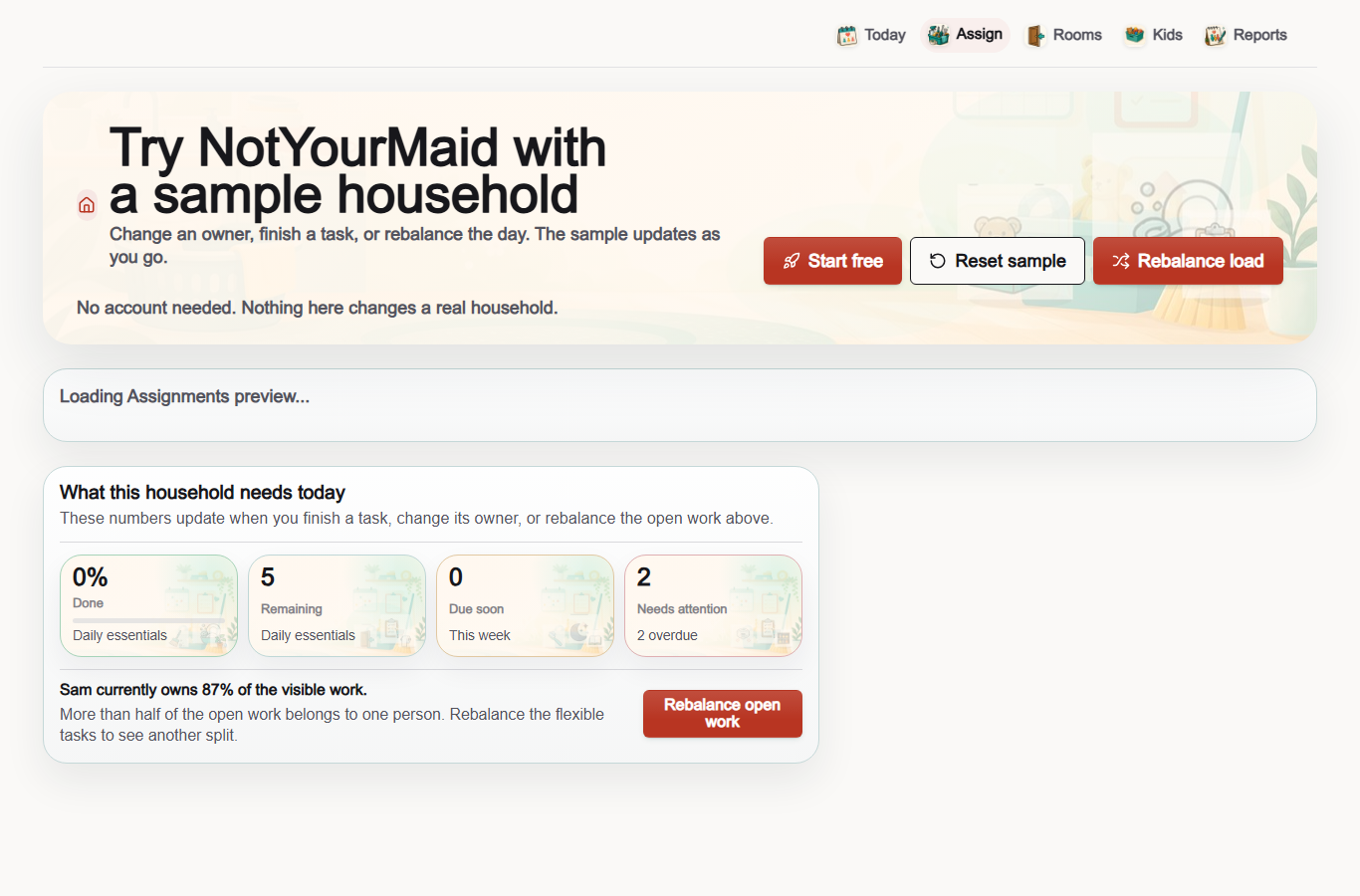 NotYourMaid Assignments page showing recurring chores, rooms, owners, and due times.