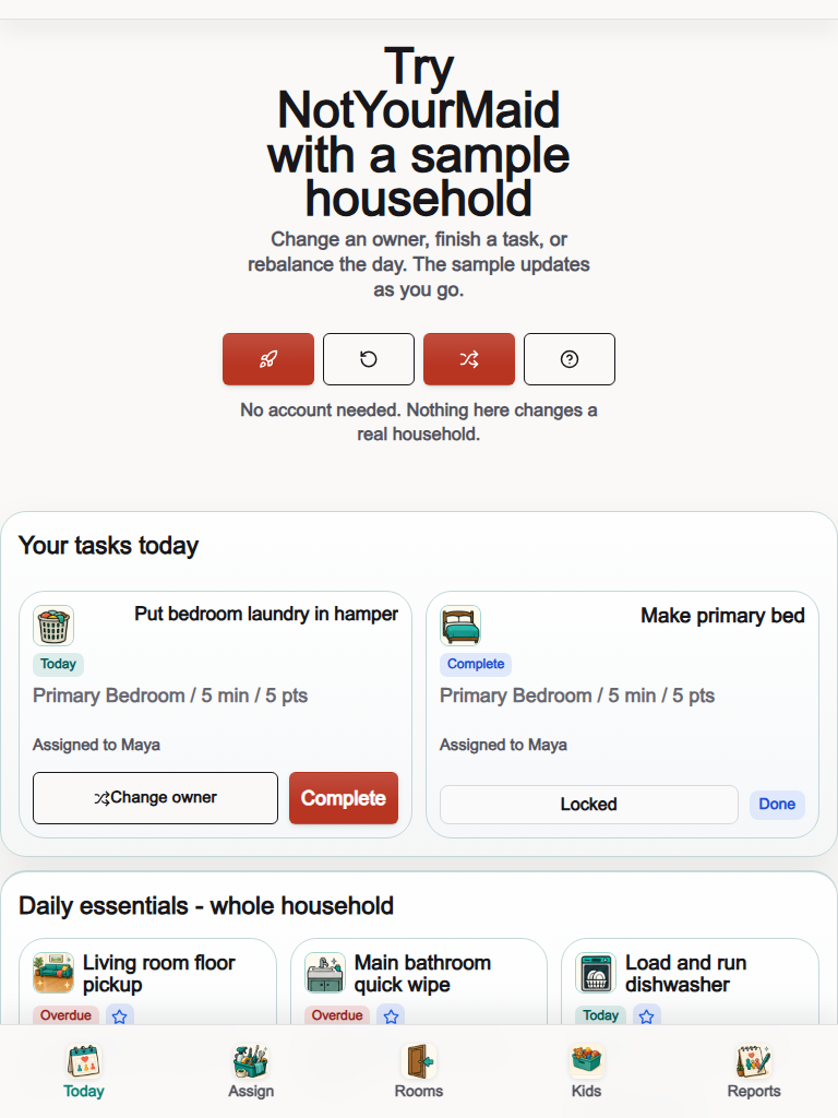 NotYourMaid Today view showing personal and shared household work.